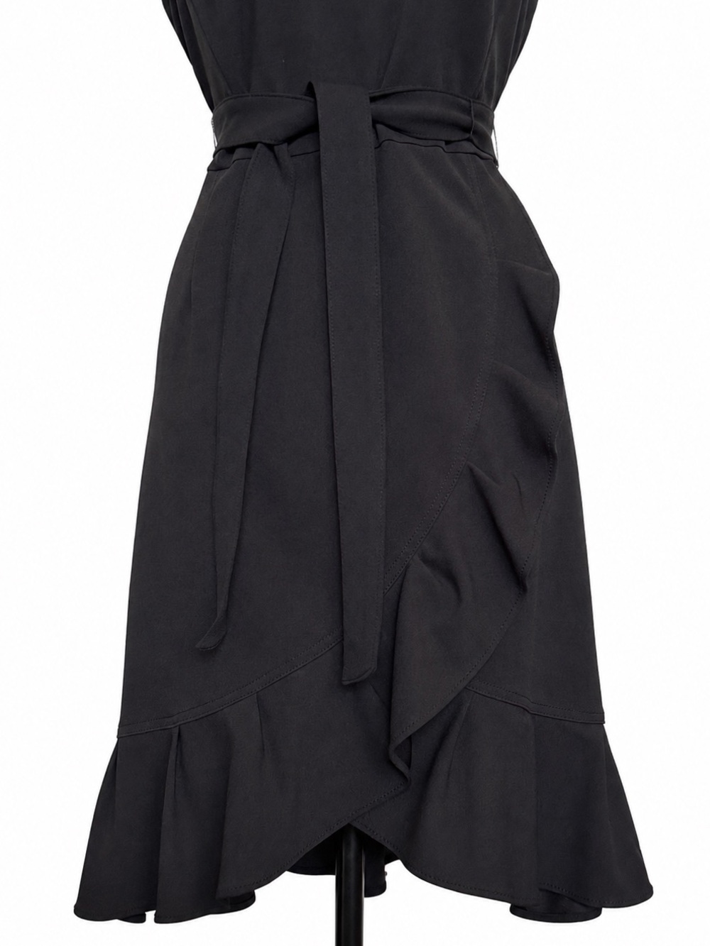 Calvin Klein Black Belted Ruffle Hem Knee Length Dress Sleeveless Size 10